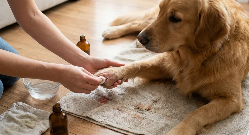 Osoba przemywa wacikiem podrażnioną łapę leżącego na ręczniku psa rasy golden retriever.
