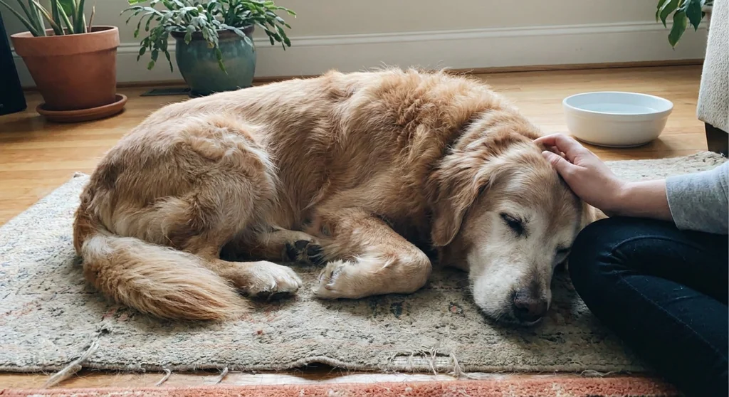 Starszy, siwy na pyszczku golden retriever śpiący na dywanie, głaskany po głowie przez leżącego obok opiekuna.