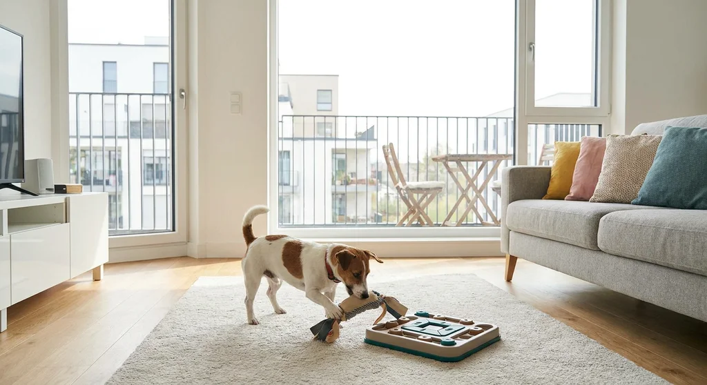 Pies rasy jack russell terrier bawi się zabawką węchową na dywanie w jasnym salonie z widokiem na balkon.
