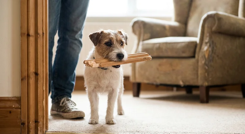Mały, szorstkowłosy pies rasy Jack Russell Terrier stoi w pokoju, trzymając w pyszczku obgryziony kawałek drewnianej listwy.