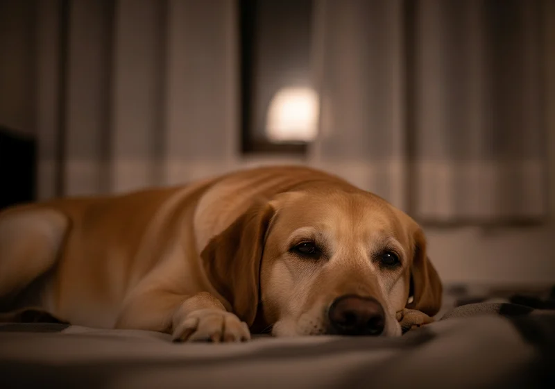 Zrelaksowany, śpiący na łóżku żółty labrador w przyciemnionym, wieczornym wnętrzu, symbolizujący wyciszenie i spokój.