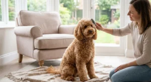 Kobieta czesze szczotką puszystego, jasnobrązowego psa z kręconymi włosami przypominającego pudla lub goldendoodle.
