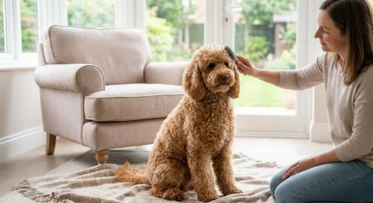 Kobieta czesze szczotką puszystego, jasnobrązowego psa z kręconymi włosami przypominającego pudla lub goldendoodle.