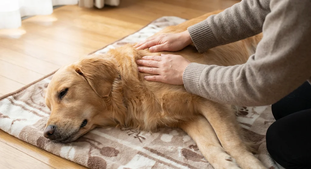 Dłonie masujące grzbiet leżącego na kocu, zrelaksowanego psa rasy golden retriever.