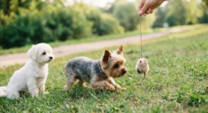 Biały maltańczyk siedzi obok yorkshire terriera, który próbuje złapać puszystą zabawkę na sznurku trzymaną przez człowieka.