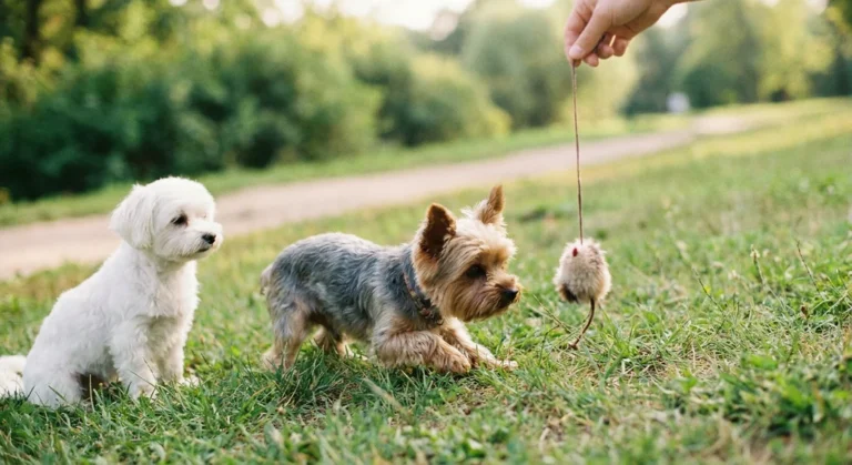 Biały maltańczyk siedzi obok yorkshire terriera, który próbuje złapać puszystą zabawkę na sznurku trzymaną przez człowieka.