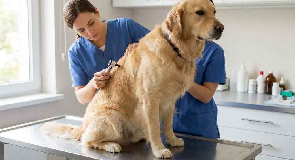 Weterynarz bada skórę golden retrievera na stole zabiegowym w gabinecie weterynaryjnym.