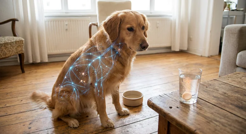 Golden retriever z wizualizacją krążącego w organizmie leku, obok szklanka z rozpuszczającą się tabletką.