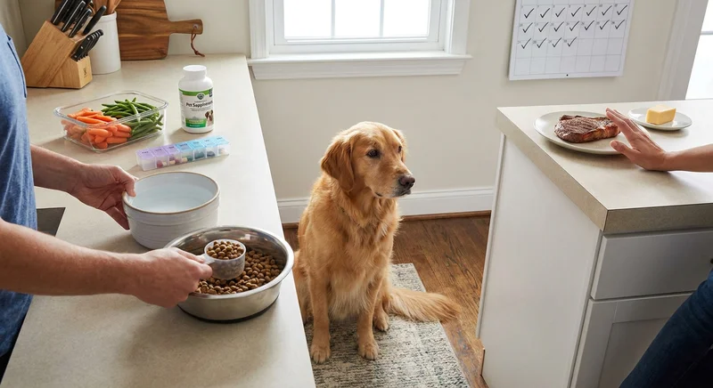 Golden retriever wpatrzony w stek i ser, podczas gdy obok przygotowywana jest jego karma i suplementy.