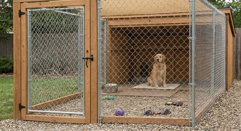 Golden retriever w bezpiecznym, przestronnym kojcu z drewnianym zadaszeniem, miską i zabawkami.