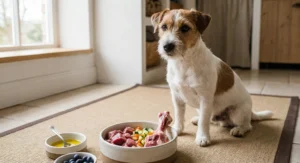 Jack Russell Terrier siedzi obok miski z surowym mięsem, kością i warzywami oraz miseczek z olejem i borówkami.
