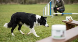 Pies border collie na treningu agility, obok opakowań suplementów na stawy na drewnianej ławce.