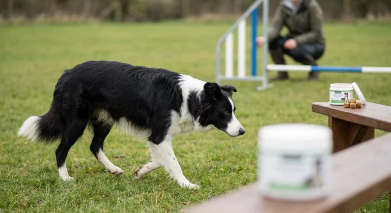 Pies border collie na treningu agility, obok opakowań suplementów na stawy na drewnianej ławce.