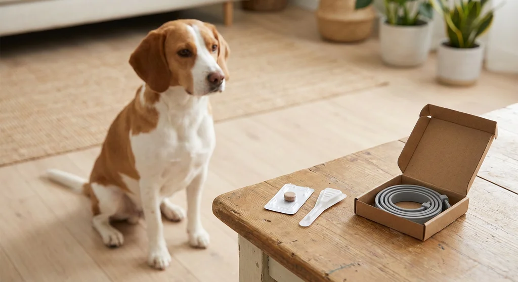 Beagle patrzy na leżące na stole preparaty przeciw pchłom: tabletkę, krople spot-on i obrożę ochronną.