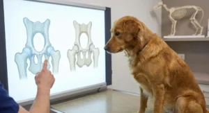 Golden retriever patrzy na schemat porównujący prawidłowy staw biodrowy psa ze stawem dotkniętym dysplazją.