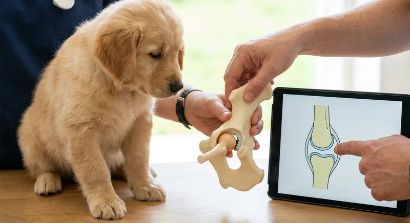 Szczeniak golden retrievera obok modelu anatomicznego stawu biodrowego i schematu budowy stawu na tablecie.