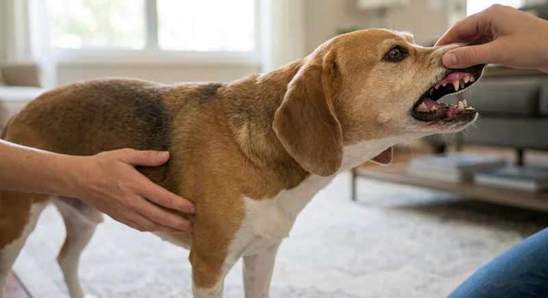 Dłoń unosi wargę psa rasy beagle, odsłaniając jego różowe śluzówki.