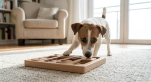 Jack Russell Terrier rozwiązuje drewnianą łamigłówkę dla psów, która stymuluje jego umysł.