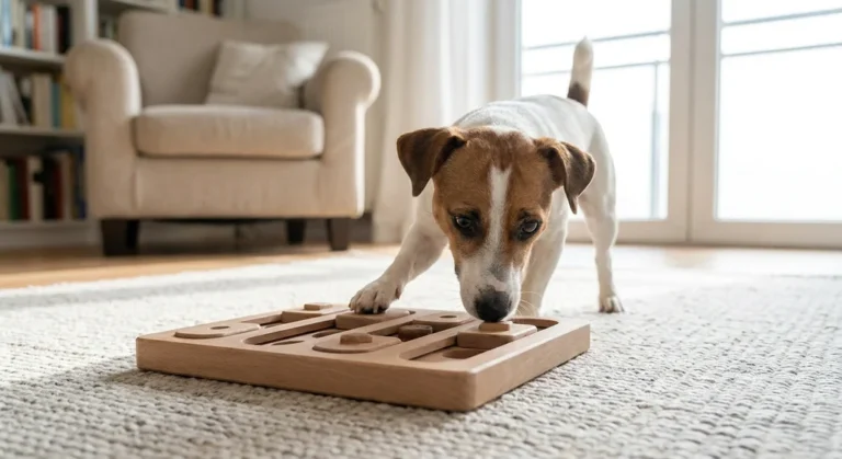 Jack Russell Terrier rozwiązuje drewnianą łamigłówkę dla psów, która stymuluje jego umysł.