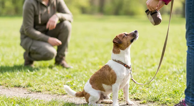 Siedzący Jack Russell Terrier ćwiczy samokontrolę, patrząc z uwagą na woreczek ze smakołykami w dłoni przewodnika.