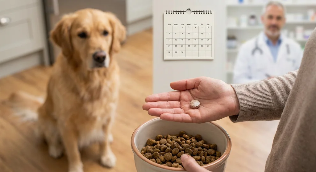 Dłoń trzymająca tabletkę nad miską psa, w tle golden retriever, kalendarz ścienny i weterynarz.