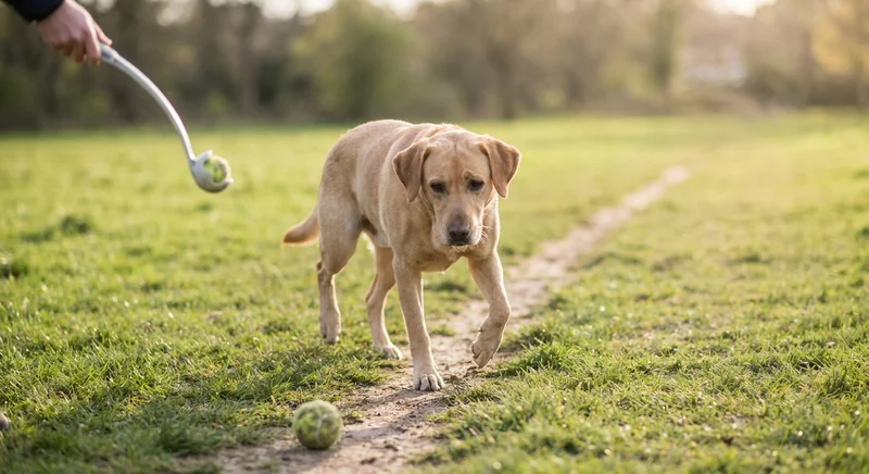 Smutny biszkoptowy labrador idzie ścieżką obok leżącej piłki i dłoni trzymającej miotacz piłek.