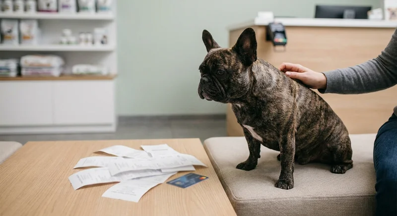 Buldog francuski w gabinecie weterynaryjnym obok stosu rachunków i karty płatniczej.