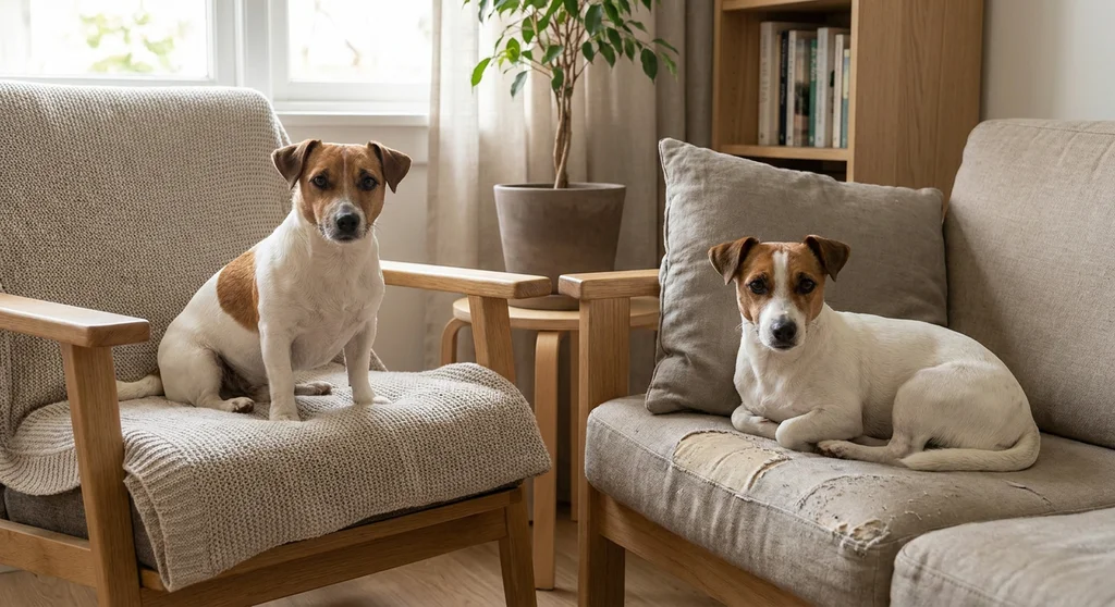 Dwa psy rasy Jack Russell Terrier siedzące na jasnych fotelach w domowym salonie.
