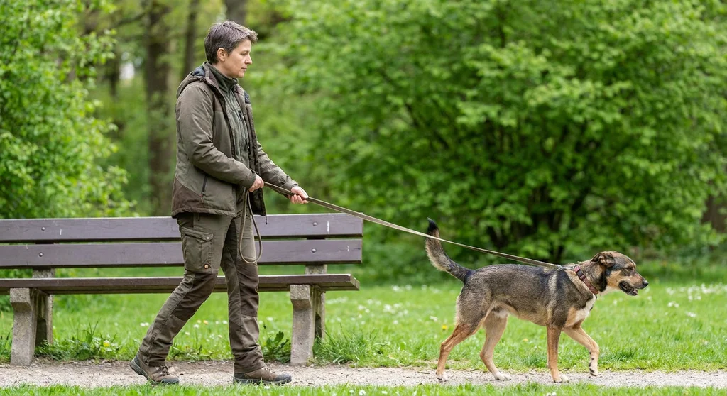 Kobieta spaceruje ze spokojnym psem na smyczy w parku, mijając drewnianą ławkę.