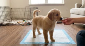 Szczeniak golden retrievera stojący na podkładzie higienicznym i otrzymujący smakołyk z dłoni.