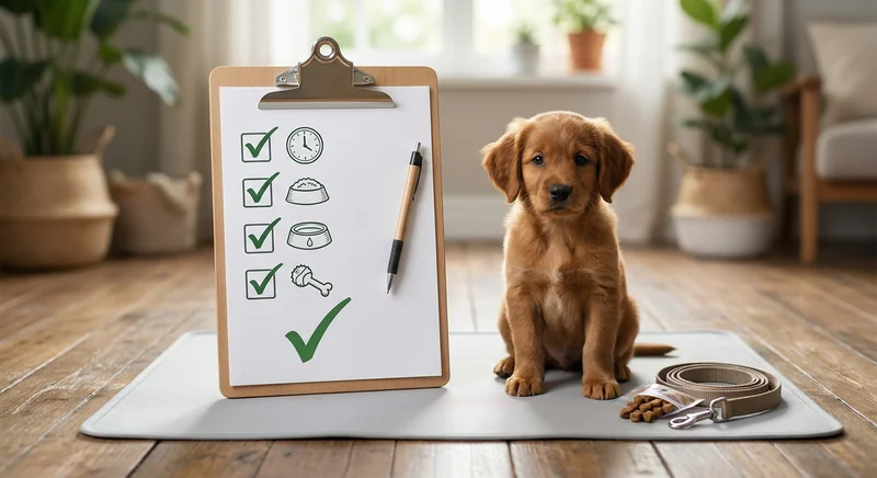 Szczeniak siedzący na macie treningowej obok clipboardu z checklistą, smyczy i smakołyków.