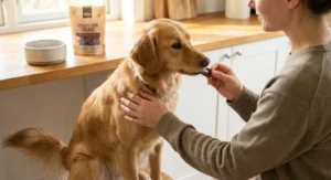 Kobieta delikatnie podaje golden retrieverowi smakołyk z ukrytą białą tabletką.
