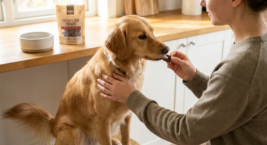 Kobieta delikatnie podaje golden retrieverowi smakołyk z ukrytą białą tabletką.