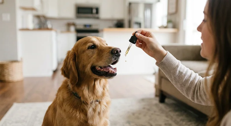 Kobieta podaje psu rasy golden retriever olej CBD z zakraplacza.