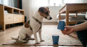 Jack Russell terrier ćwiczy samokontrolę i pracę węchową podczas zabawy z niebieskimi kubkami.