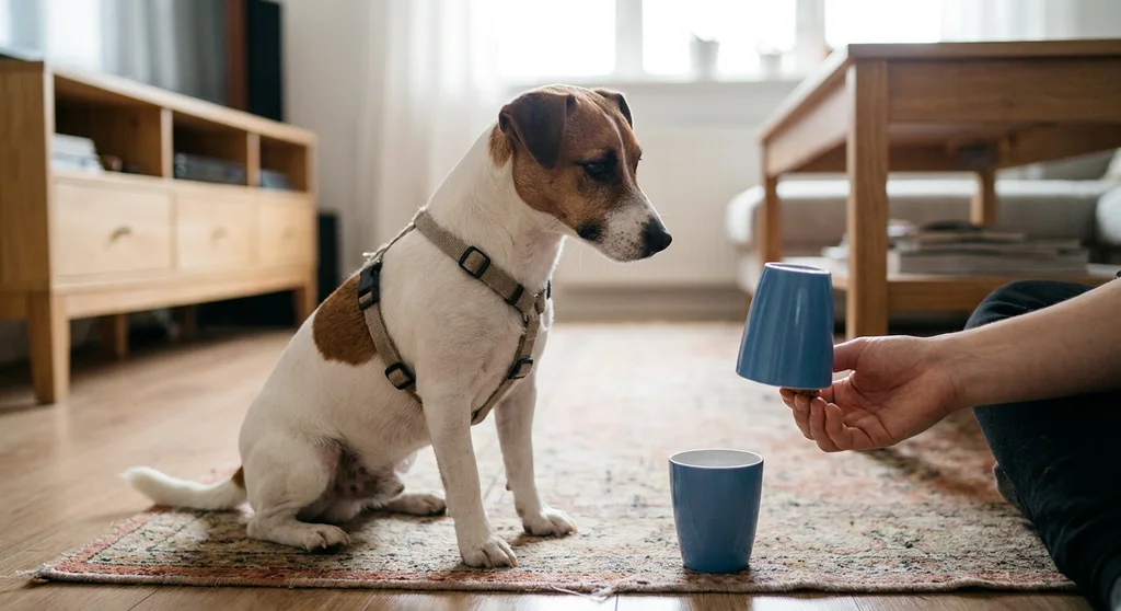 Jack Russell terrier ćwiczy samokontrolę i pracę węchową podczas zabawy z niebieskimi kubkami.