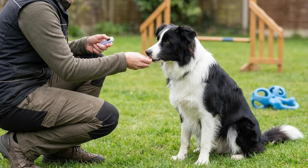 Trener nagradza siedzącego psa rasy border collie, trzymając w drugiej dłoni kliker treningowy.