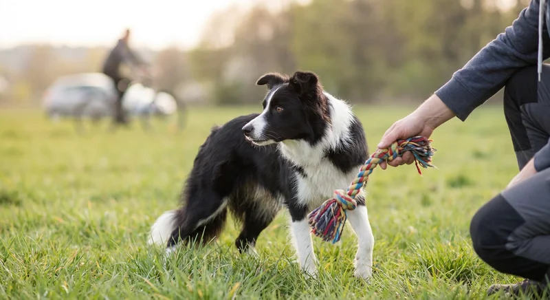 Border collie ignoruje podawany przez człowieka kolorowy szarpak, patrząc z uwagą w inną stronę.