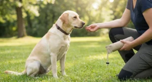 Siedzący biszkoptowy labrador dostaje smakołyk od trenera trzymającego aport typu dummy.
