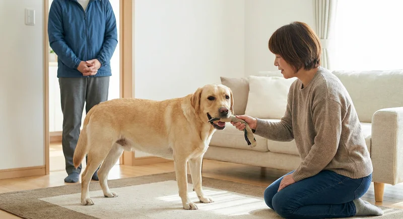 Kobieta klęczy przed spokojnie stojącym labradorem, trzymając zabawkę, którą pies ma w pyszczku.