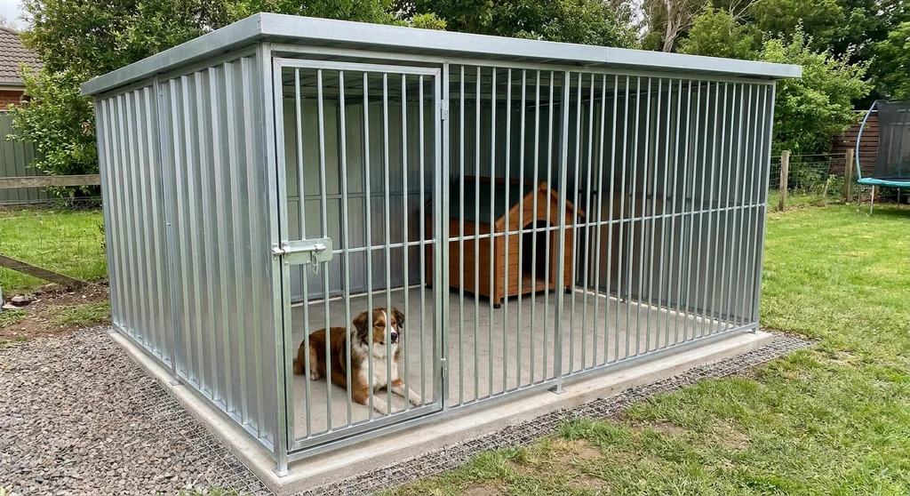 Kojec z ocynkowanej stali na betonowej wylewce, z zadaszeniem, pionowymi szczeblami i drewnianą budą w środku.