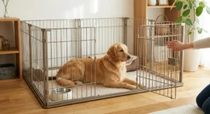 Golden retriever leży w domowym kojcu z metalowych paneli modułowych, wyposażonym w miskę i legowisko.