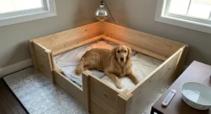 Golden retriever w drewnianym kojcu porodowym z odbojnikami ochronnymi i wiszącą lampą grzewczą.