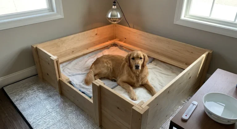 Golden retriever w drewnianym kojcu porodowym z odbojnikami ochronnymi i wiszącą lampą grzewczą.