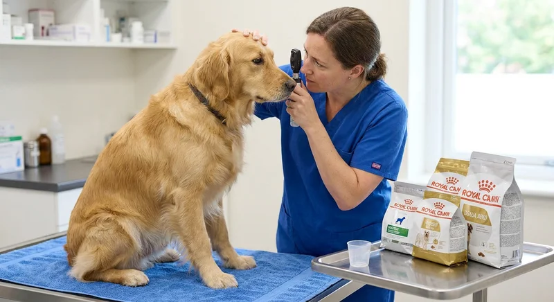 Weterynarz bada oczy golden retrievera, obok na tacy stoją opakowania karmy weterynaryjnej.
