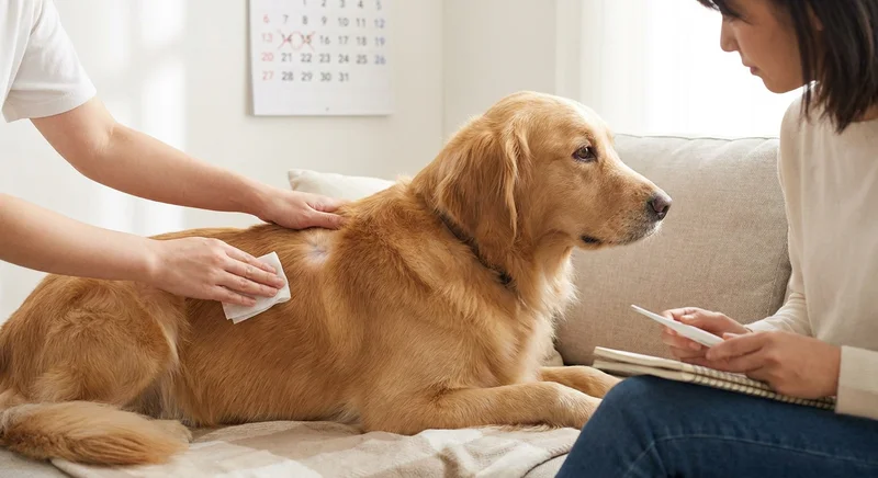 Dezynfekcja rany na grzbiecie golden retrievera gazikiem oraz uważna obserwacja psa przez opiekunów.