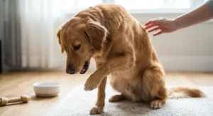 Golden retriever z otwartym pyskiem nerwowo unosi przednią łapę do pyska, co wskazuje na zadławienie.