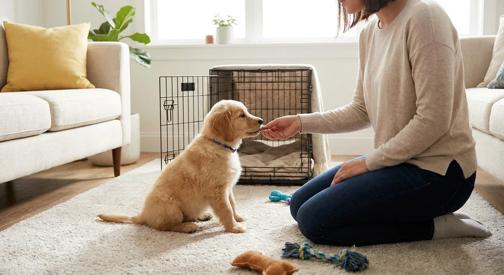 Kobieta podaje smakołyk szczeniakowi golden retrievera siedzącemu na dywanie obok otwartej klatki kennelowej.