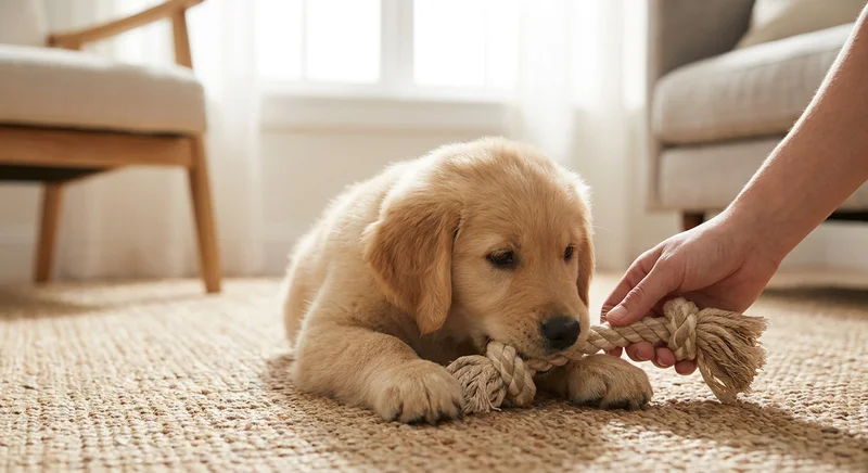 Szczeniak golden retrievera gryzie sznurkową zabawkę trzymaną przez dłoń człowieka.