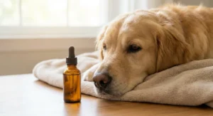 Golden retriever leży na jasnym kocu obok szklanej buteleczki z olejkiem CBD i kroplomierzem.